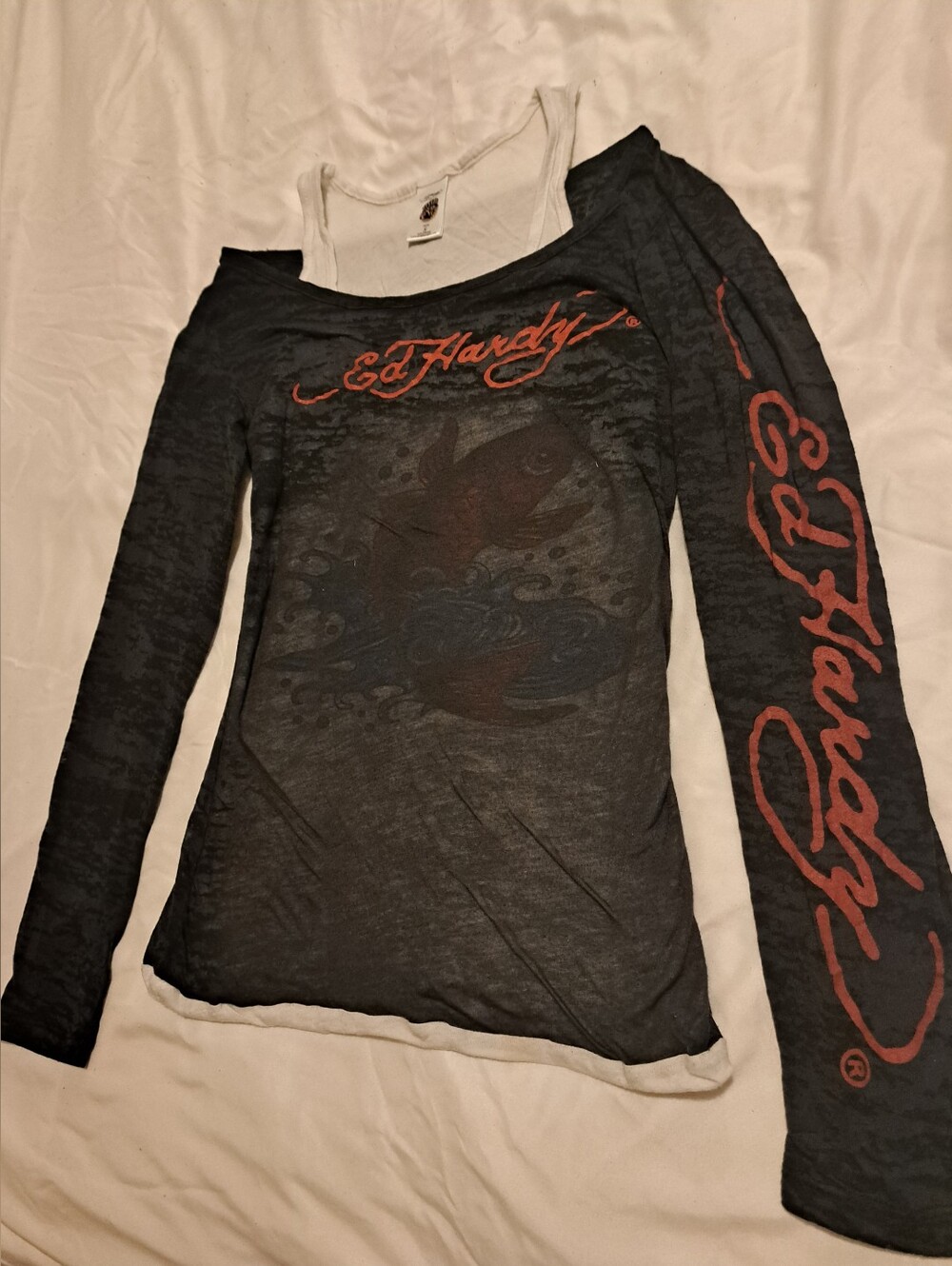 Ed Hardy Black Long Sleeve Graphic Tee with Red Logo